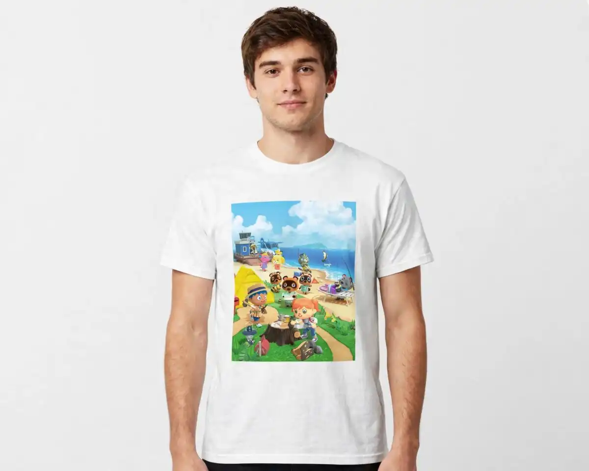 animal crossing island beach campsite with chibi villagers animal crossing svg design printed on a plain product mockup