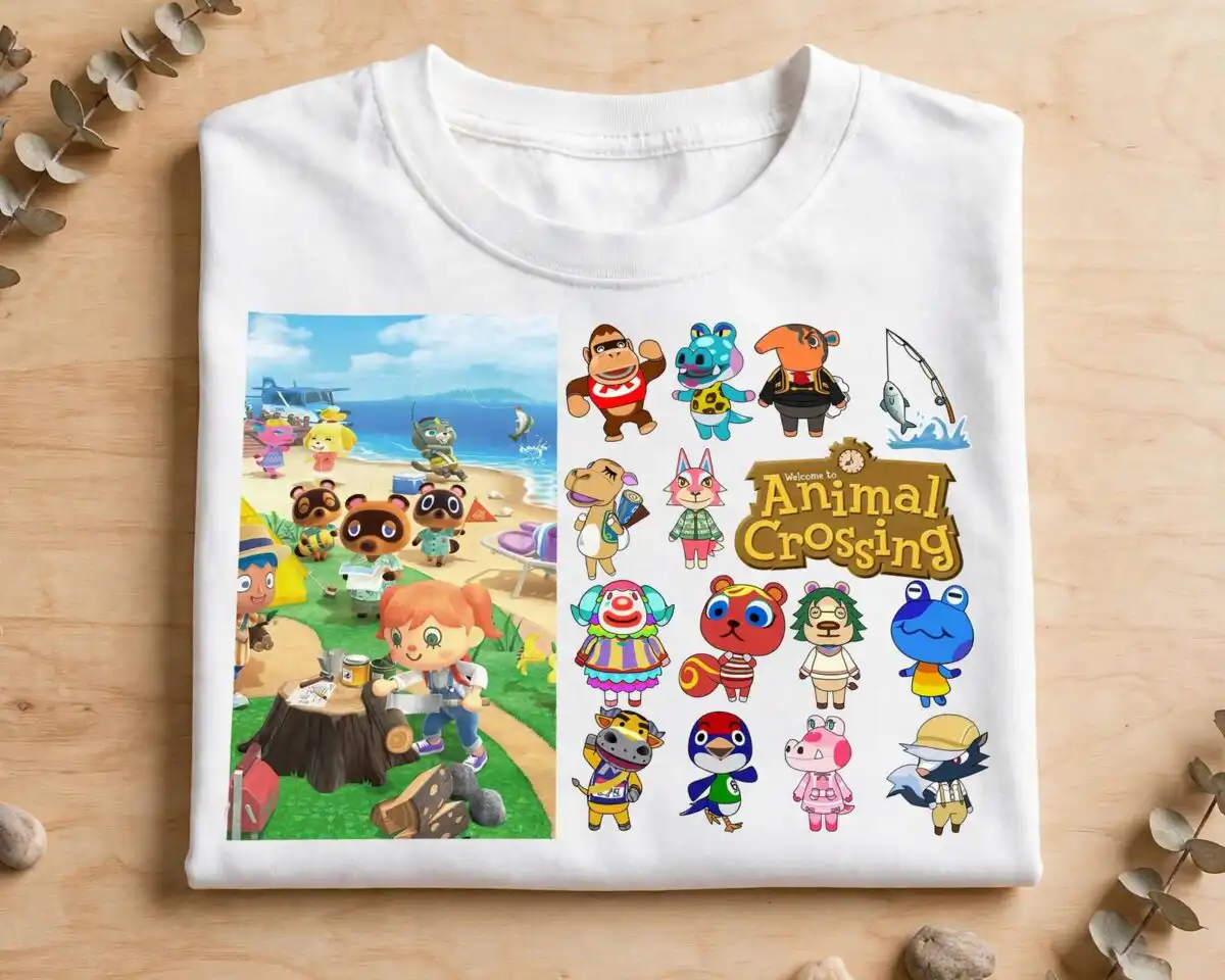 animal crossing island beach campsite with chibi villagers animal crossing svg design printed on a plain product mockup