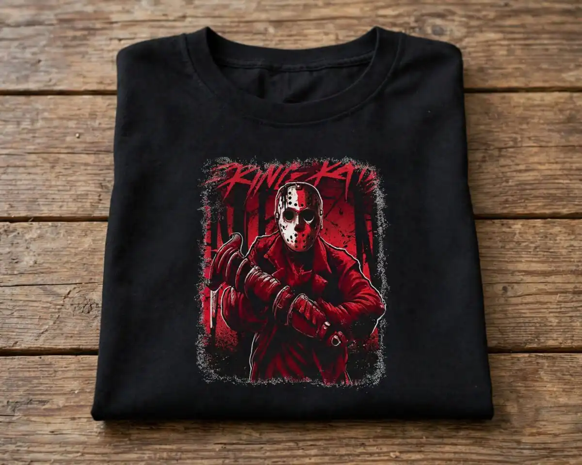 halloween hockey mask slasher figure png design printed on a plain product mockup