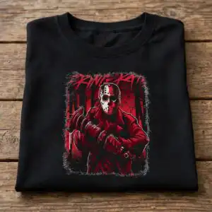 halloween hockey mask slasher figure png design printed on a plain product mockup