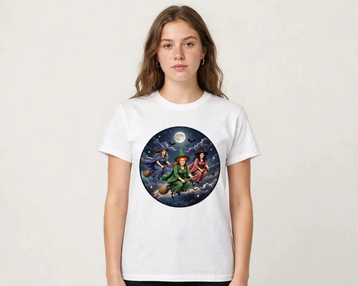 halloween three costumed women moon png design printed on a plain product mockup
