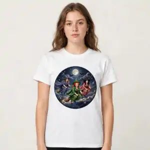 halloween three costumed women moon png design printed on a plain product mockup