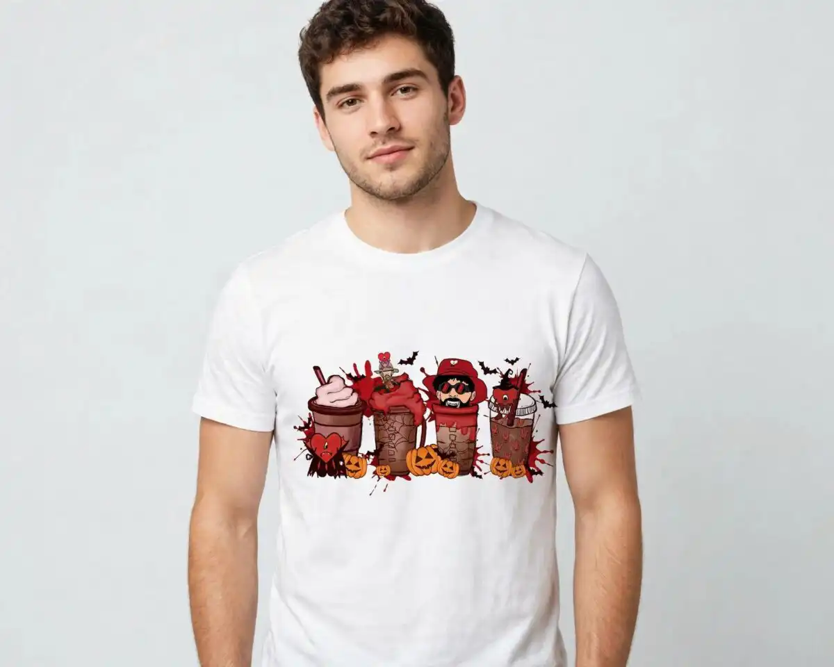 bad bunny halloween iced coffee cups for tumblers and shirts bad bunny coffee halloween png design printed on a plain product mockup