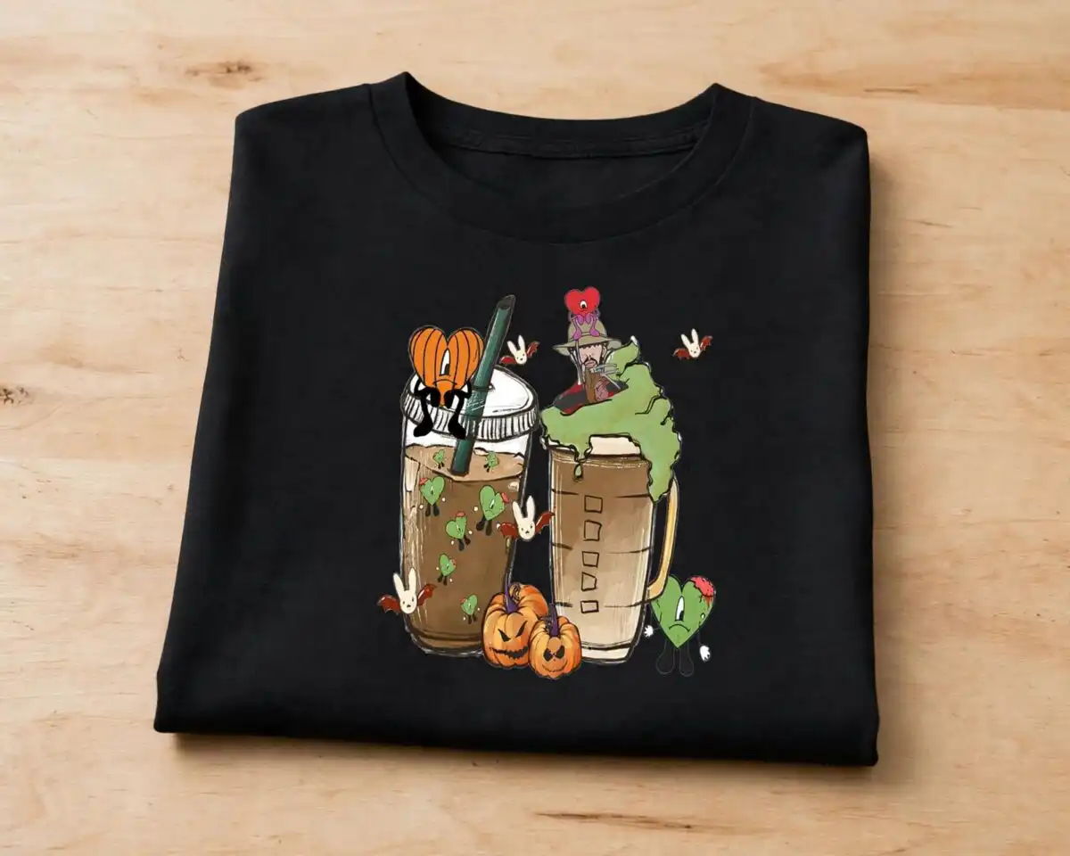 bad bunny halloween iced coffee cups for tumblers and shirts bad bunny coffee halloween png design printed on a plain product mockup