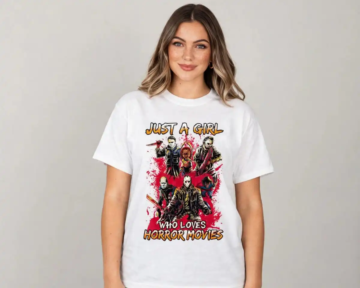 just a girl who loves horror movies png design printed on a plain product mockup