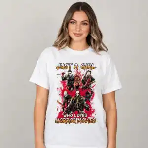 just a girl who loves horror movies png design printed on a plain product mockup