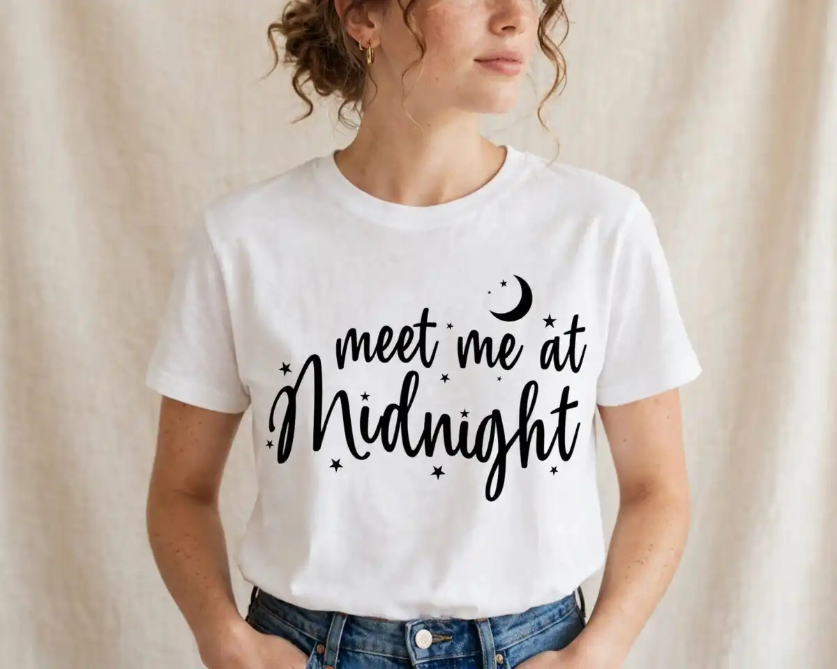 meet me at midnight taylor swift script design for shirts, mugs and new year's eve party meet me at midnight taylor swift png design printed on a plain product mockup