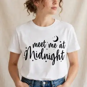 meet me at midnight taylor swift script design for shirts, mugs and new year's eve party meet me at midnight taylor swift png design printed on a plain product mockup
