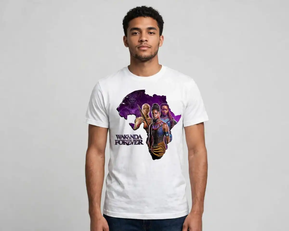 wakanda forever fan art with group portraits and panther motif wakanda forever png design printed on a plain product mockup