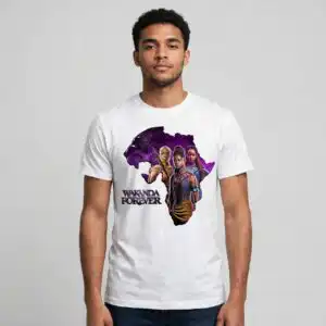 wakanda forever fan art with group portraits and panther motif wakanda forever png design printed on a plain product mockup