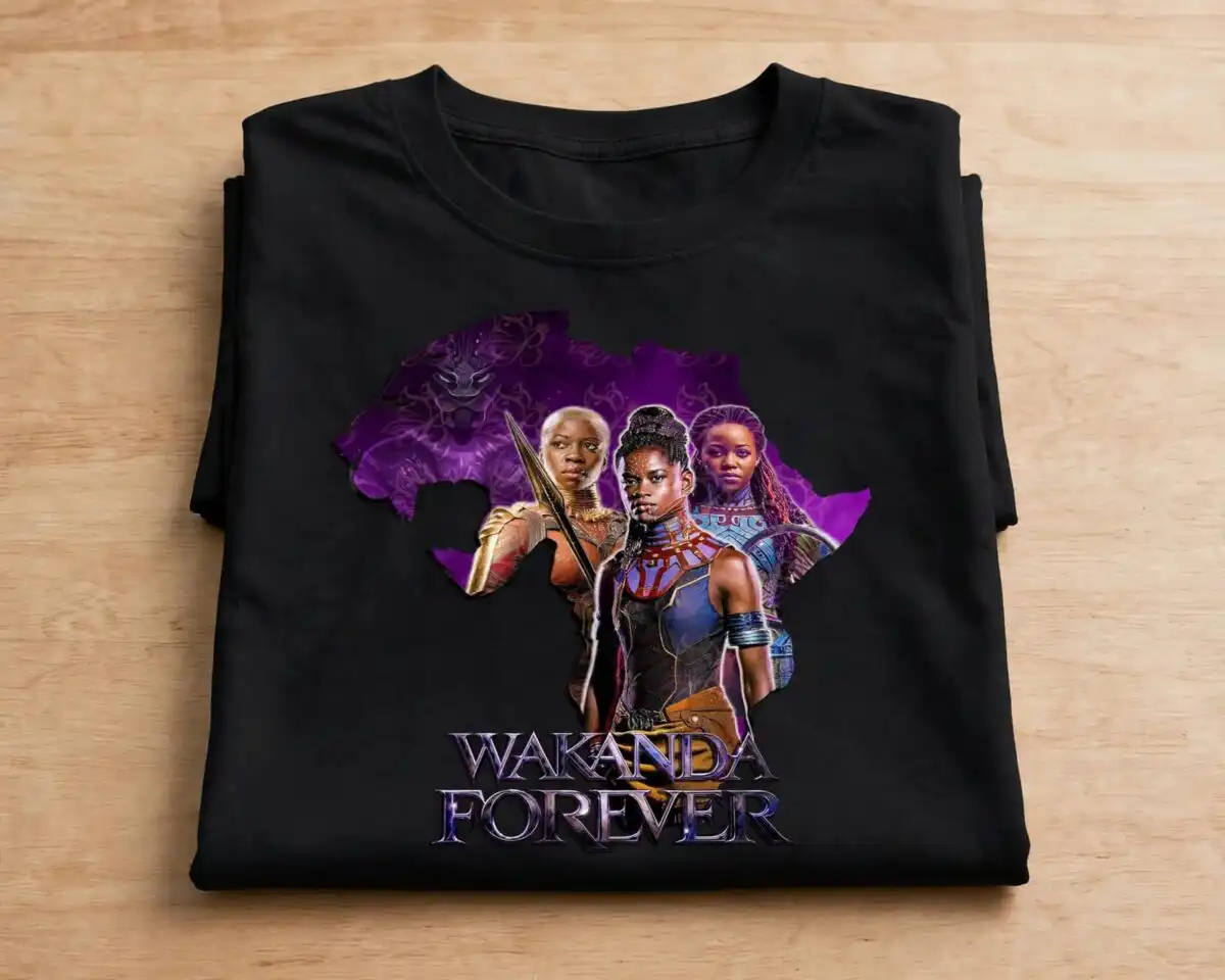 wakanda forever fan art with group portraits and panther motif wakanda forever png design printed on a plain product mockup