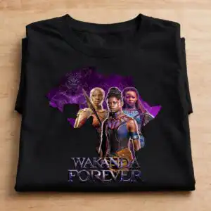 wakanda forever fan art with group portraits and panther motif wakanda forever png design printed on a plain product mockup