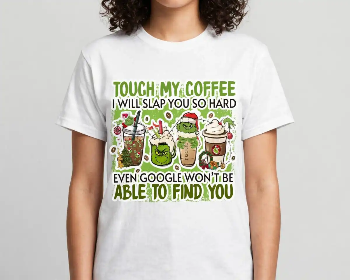 A collection of designs featuring a green, furry character with a red Santa hat, often with Christmas-themed elements and hum