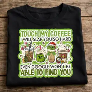 A collection of designs featuring a green, furry character with a red Santa hat, often with Christmas-themed elements and hum
