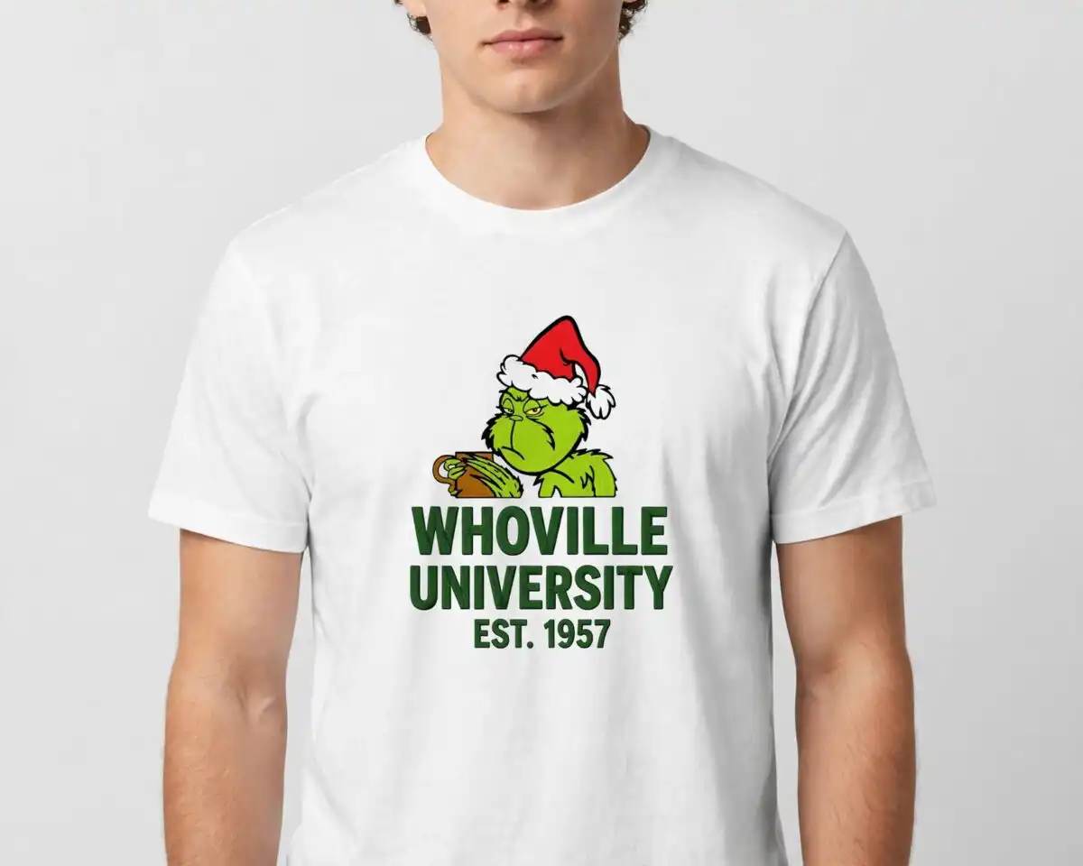 Various green character designs with Christmas themes and humorous quotes design printed on a plain product mockup