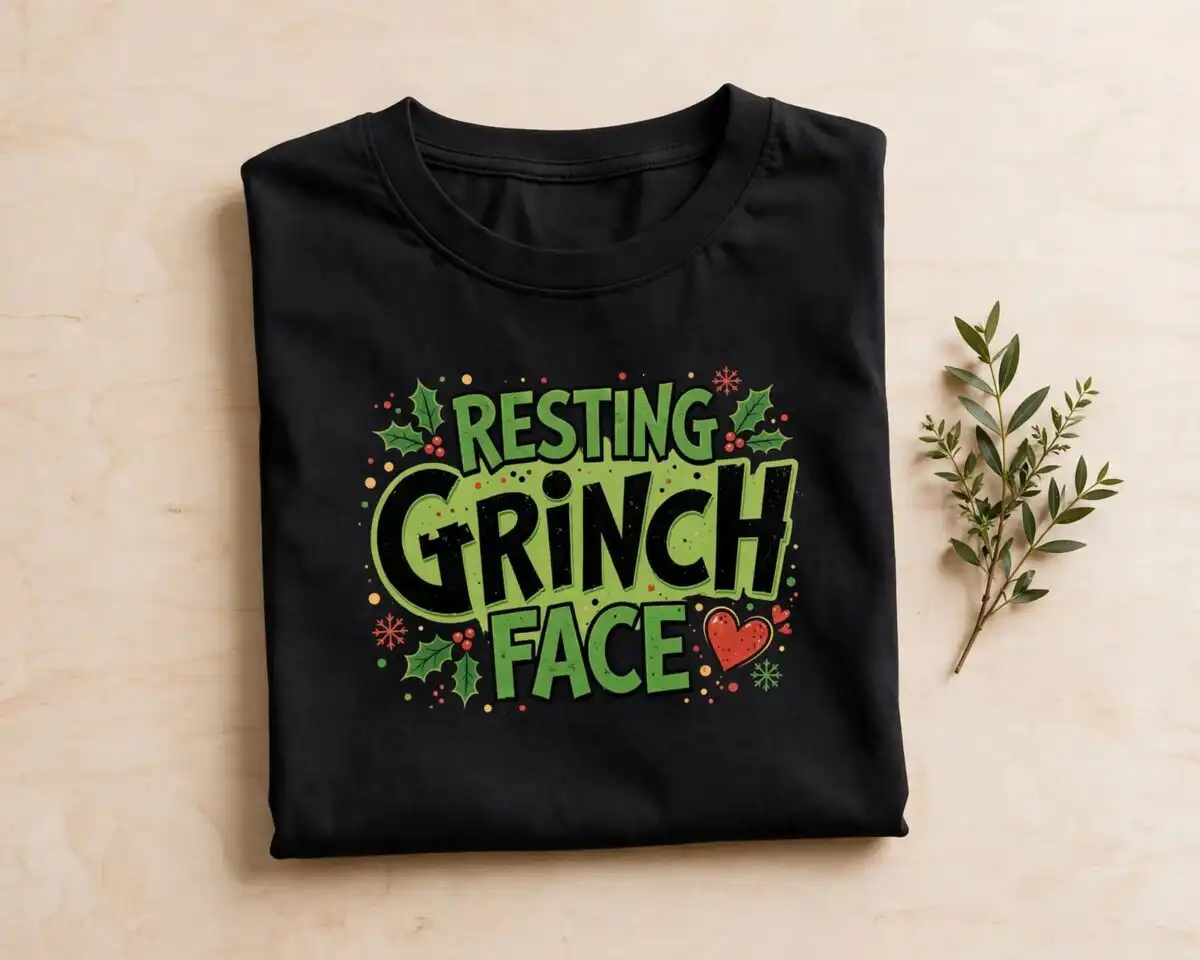 Various green character designs with Christmas themes and humorous quotes design printed on a plain product mockup