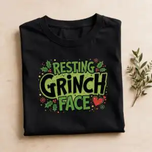 Various green character designs with Christmas themes and humorous quotes design printed on a plain product mockup