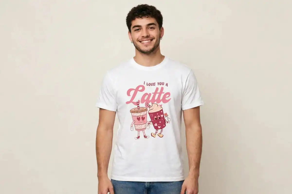 valentine's day retro valentines kawaii food collection with latte love art valentine's day retro valentines png design printed on a plain product mockup