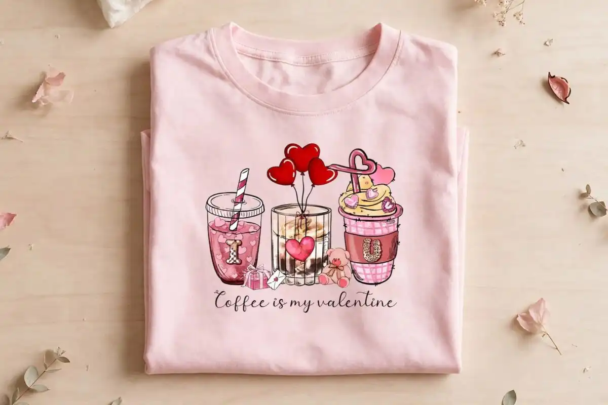 iced coffee drinks valentine sublimation design printed on a plain product mockup