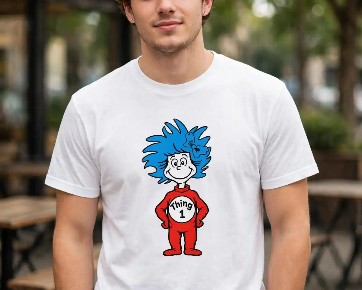 thing 1 shirt svg design printed on a plain product mockup