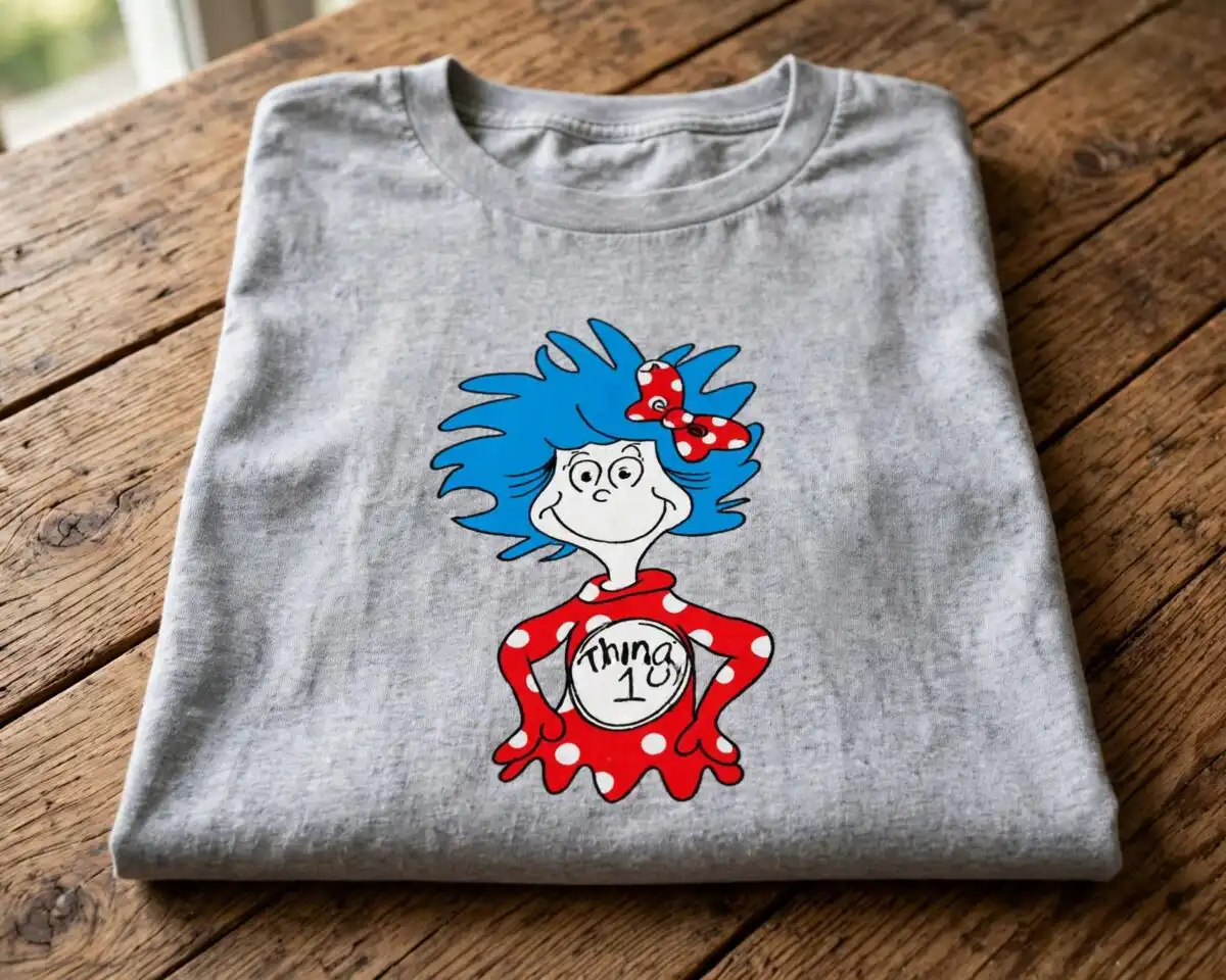 thing 1 shirt svg design printed on a plain product mockup