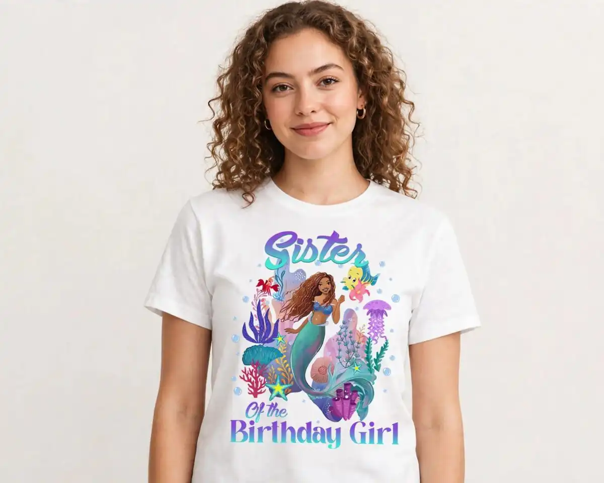 family matching little mermaid birthday for birthday girl squad shirts little mermaid birthday png design printed on a plain product mockup