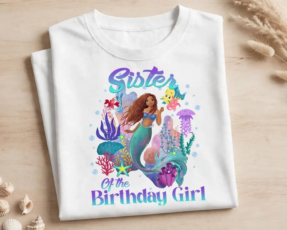 family matching little mermaid birthday for birthday girl squad shirts little mermaid birthday png design printed on a plain product mockup