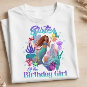 family matching little mermaid birthday for birthday girl squad shirts little mermaid birthday png design printed on a plain product mockup