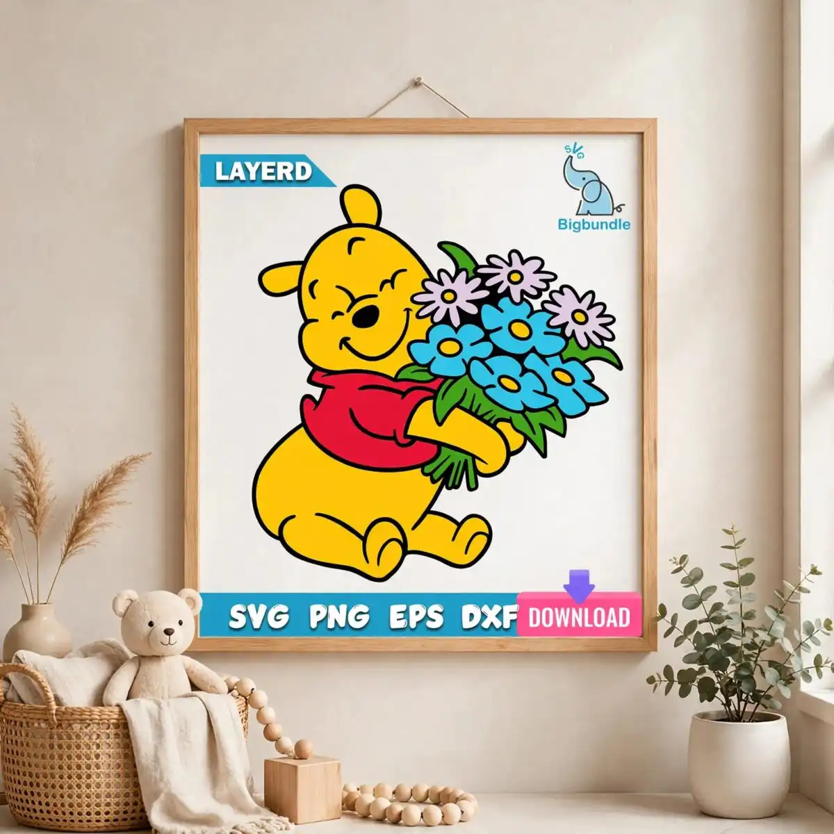 winnie the pooh hugging a bouquet birthday svg cut file for shirts, mugs and cards winnie the pooh svg design printed on a plain product mockup