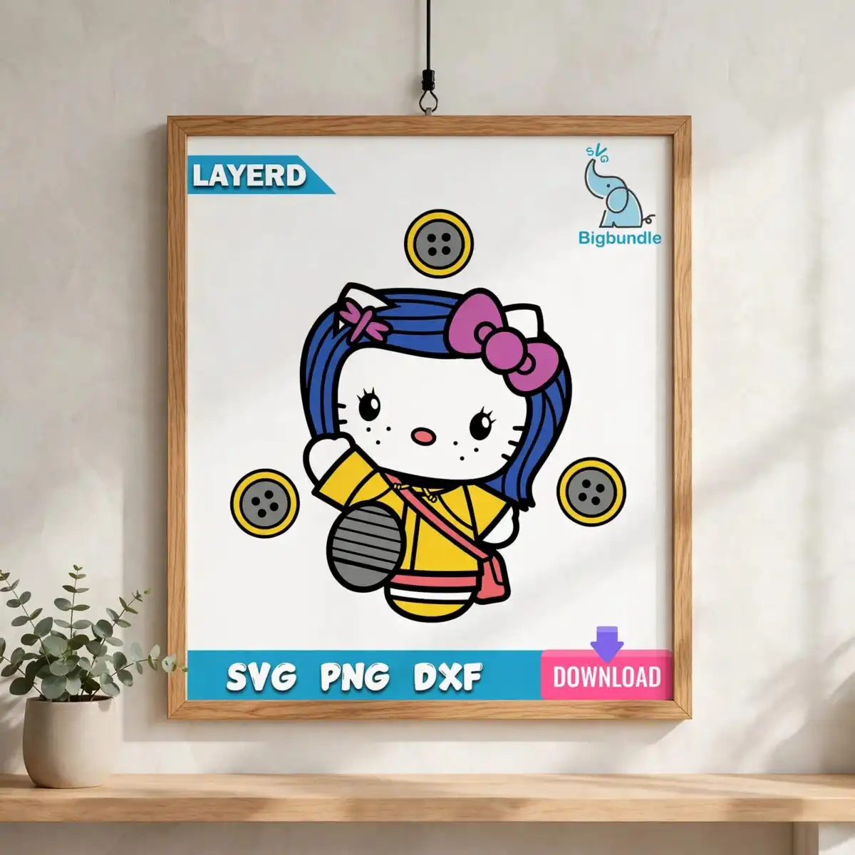 birthday hello kitty style white cat character cut file with yellow raincoat and buttons birthday hello kitty style white svg design printed on a plain product mockup