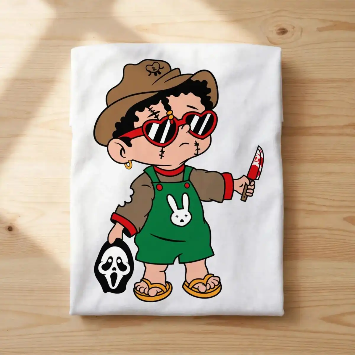 bad bunny baby benito halloween toddler with knife and mask cut file benito bad bunny png design printed on a plain product mockup