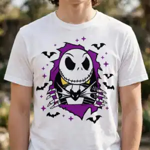 cartoon skeleton bursting through purple hole halloween shirt design skeleton cartoon svg design printed on a plain product mockup