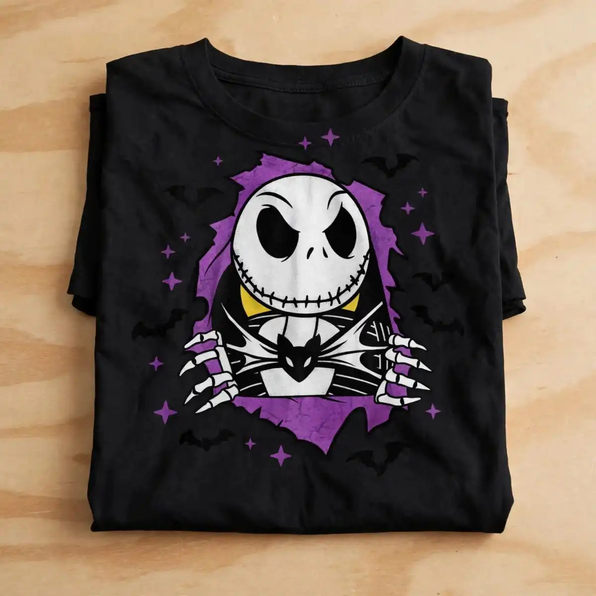 cartoon skeleton bursting through purple hole halloween shirt design skeleton cartoon svg design printed on a plain product mockup