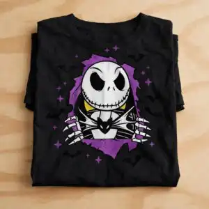 cartoon skeleton bursting through purple hole halloween shirt design skeleton cartoon svg design printed on a plain product mockup