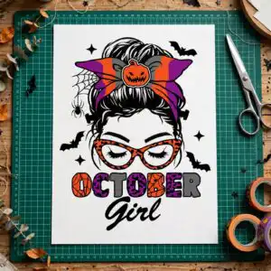 october girl mom messy svg design printed on a plain product mockup