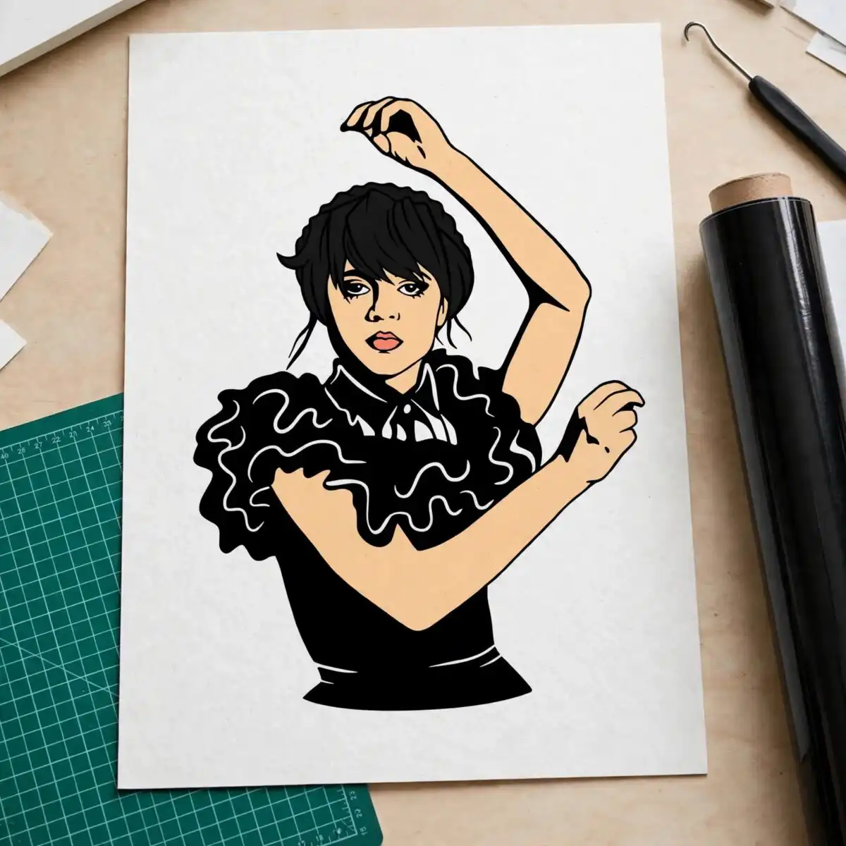 wednesday addams iconic dance pose in black ruffled dress cut file wednesday addams dance png design printed on a plain product mockup