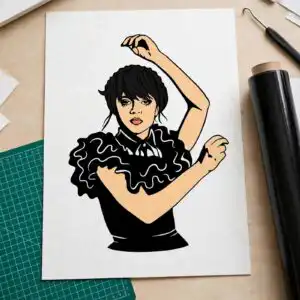 wednesday addams iconic dance pose in black ruffled dress cut file wednesday addams dance png design printed on a plain product mockup