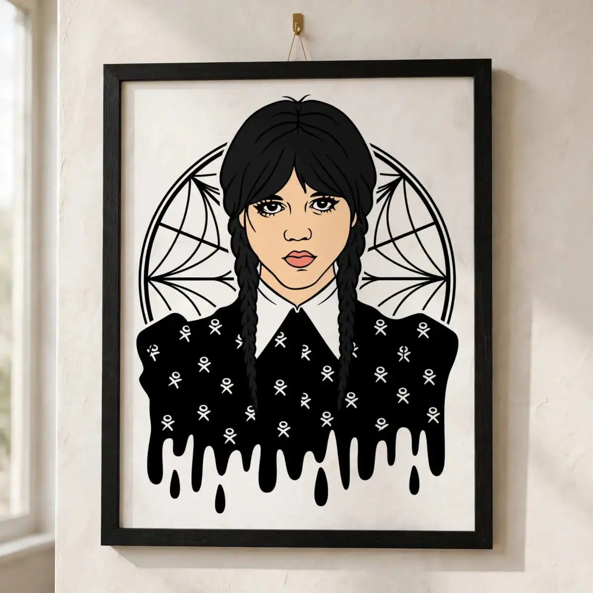 wednesday addams drip gothic girl with twin braids and spiderweb wednesday addams svg file design printed on a plain product mockup