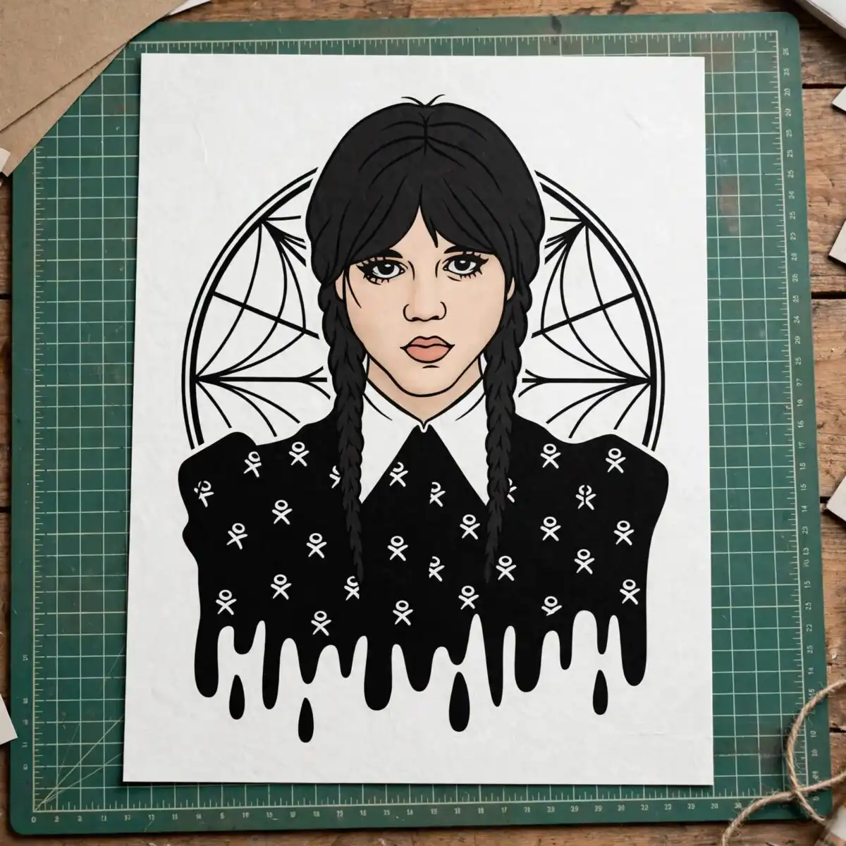 wednesday addams drip gothic girl with twin braids and spiderweb wednesday addams svg file design printed on a plain product mockup