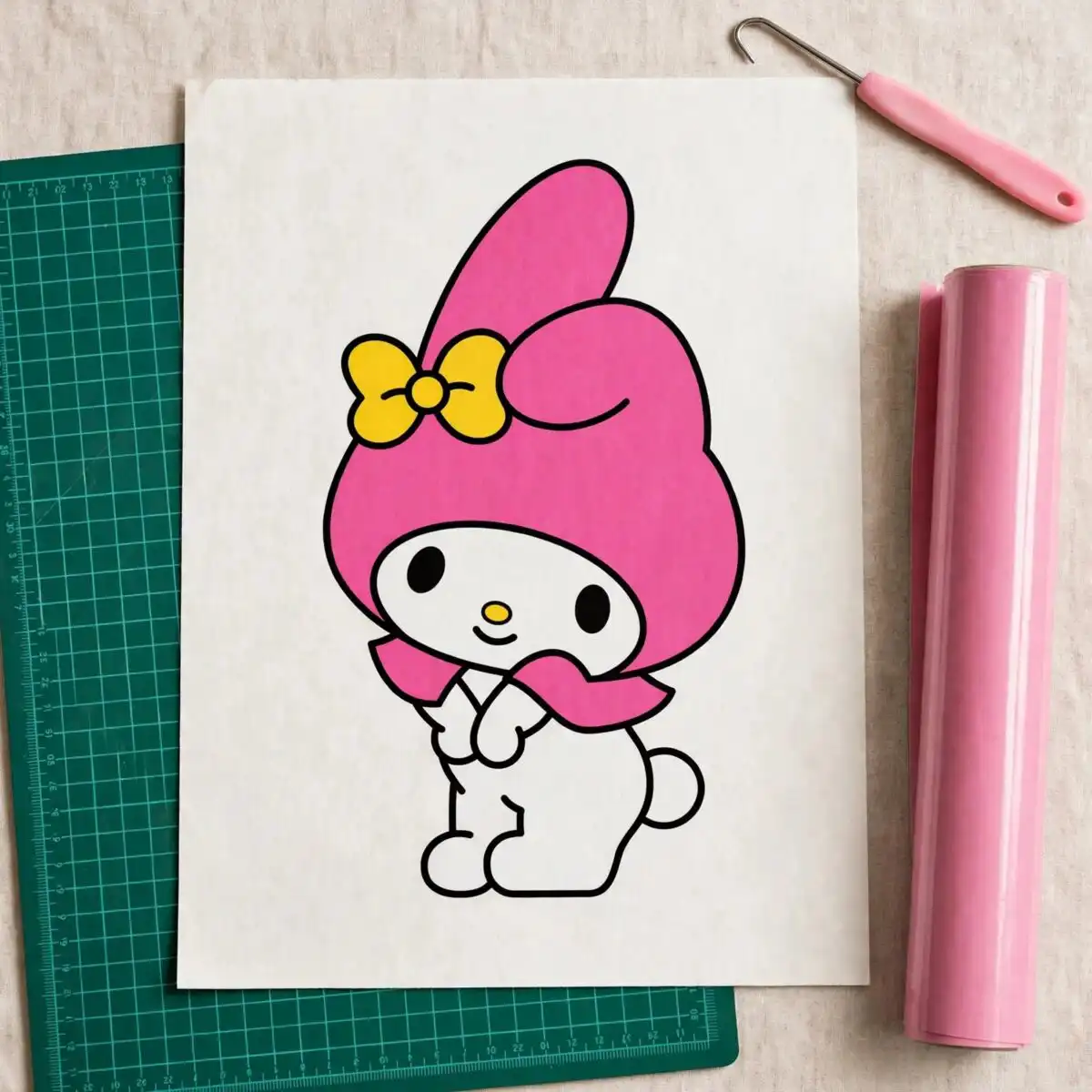 kawaii my melody bunny in pink hood - cute sanrio hello character art my melody sanrio hello png design printed on a plain product mockup