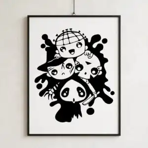 cute horror friends chibi stack with ink splatter for halloween shirts and mugs cute horror friends horror svg design printed on a plain product mockup