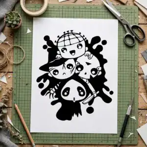 cute horror friends chibi stack with ink splatter for halloween shirts and mugs cute horror friends horror svg design printed on a plain product mockup