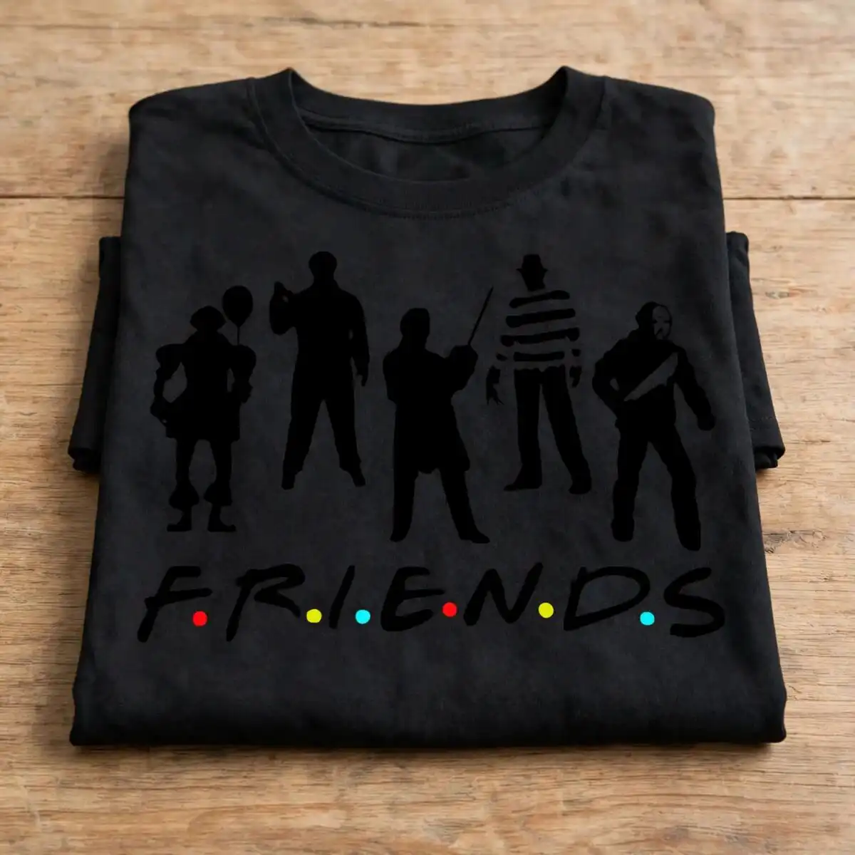 friend horror halloween cut file with five silhouettes and dotted lettering moive style friend horror horror moive svg design printed on a plain product mockup