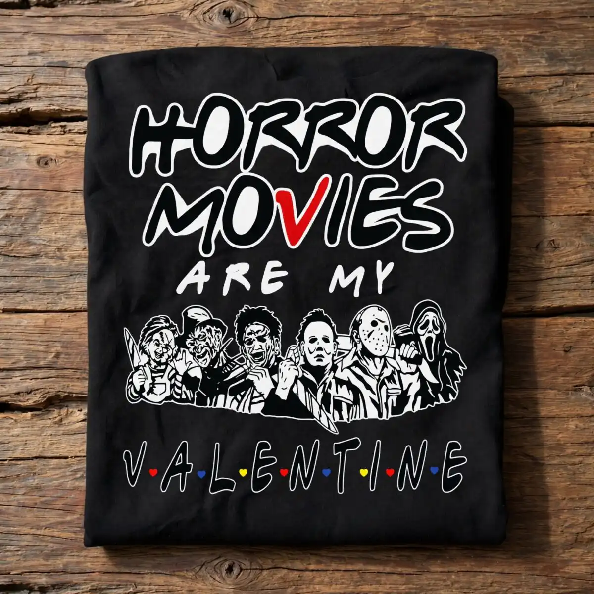 horror movies are my valentine cricut quote with seven masked horror figures horror movies my valentine svg cricut design printed on a plain product mockup