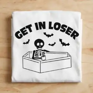 funny skeleton in coffin with get in loser text for halloween shirts skeleton get loser halloween svg design printed on a plain product mockup