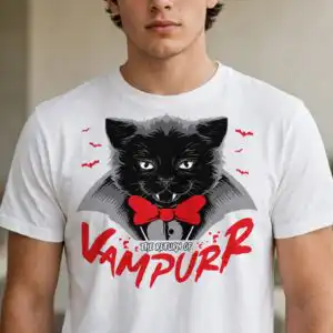 the return of vampurr halloween cat with vampire cape and red bow tie return vampurr halloween cat svg design printed on a plain product mockup