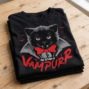 the return of vampurr halloween cat with vampire cape and red bow tie return vampurr halloween cat svg design printed on a plain product mockup
