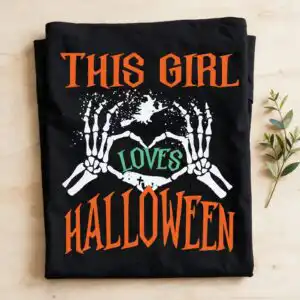 this girl loves halloween skeleton heart hands design for shirts and mugs skeleton heart hands svg design printed on a plain product mockup