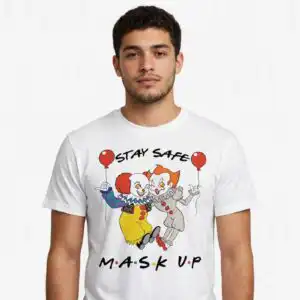stay safe mask up design with two cartoon clowns and red balloons stay safe mask up svg design printed on a plain product mockup