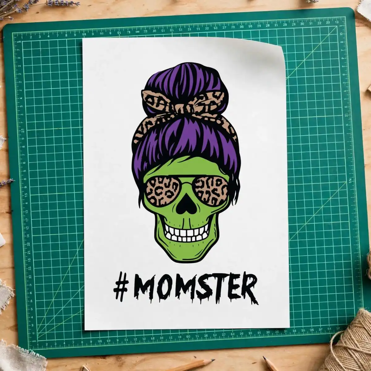 momster green skull messy bun design for mom life halloween shirts momster mom life halloween svg design printed on a plain product mockup